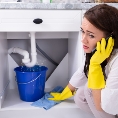 Woman on the phone looking worried by a leaky sink